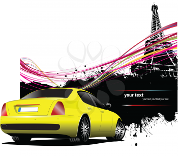 Yellow  car sedan with Paris image background. Vector illustration