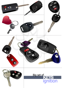 Big set of ignition car keys with remote control isolated over white background . Vector illustration
