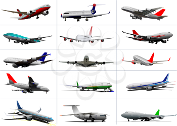 Big set of passenger planes. Taking off. Landing. On the air field. Vector illustration