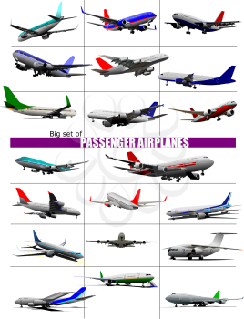 Big set of twenty passenger Airplanes.  Colored Vector illustration for designers