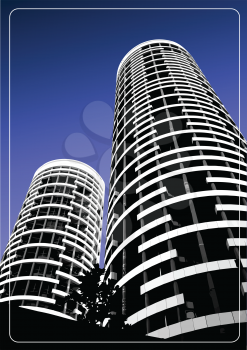 Black and white building silhouette on sky background. Vector illustration