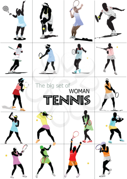 Big set of Woman Tennis player. Colored Vector illustration for designers