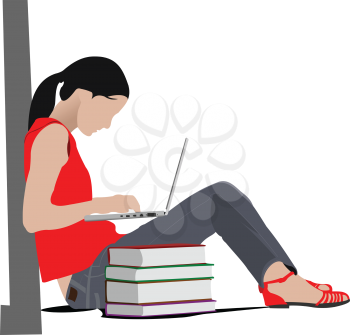 Sitting girl with laptop and book`s column. Back to school. Vector illustration