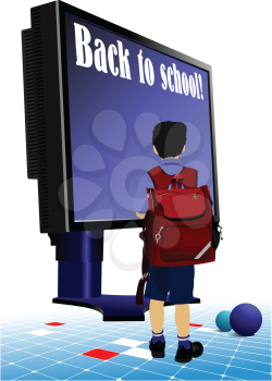 Schoolboy  going to school.. Back to school.  Monitor and books. Vector illustration