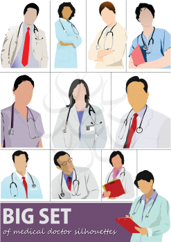 Big set of Medical doctor silhouettes with stethoscope. Vector illustration