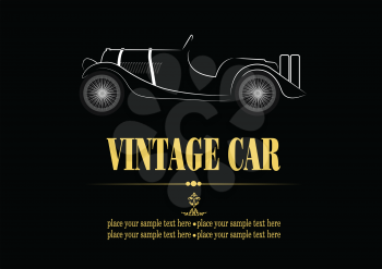 White silhouette of vintage car cabriolet on black background. Vector illustration