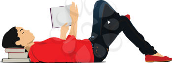 Young beautiful woman in red reading book laying on the floor. Vector illustration
