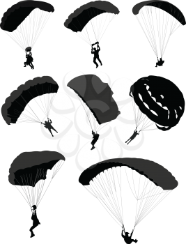 Big set of parachutists in flight. Vector illustration