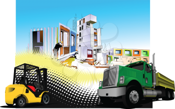 Building site with lorry (truck) and forklift images. Vector illustration