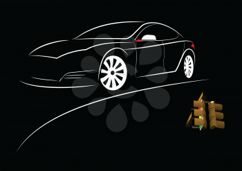 White car silhouette and couple on black background. Vector illustration
