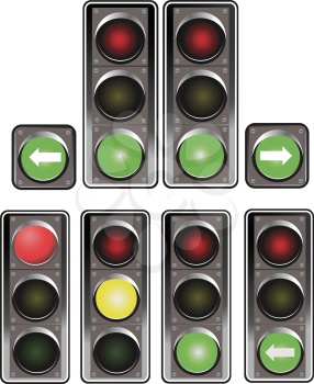 Set of traffic lights. Red signal. Yellow signal. Green signal