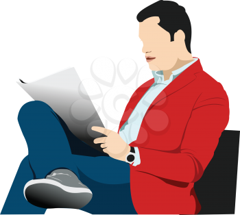 Businessman sitting and reading newspaper.
