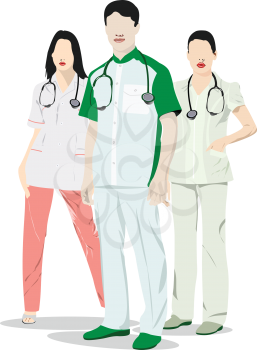 Three Medical doctors with doctor`s smock. Vector illustration