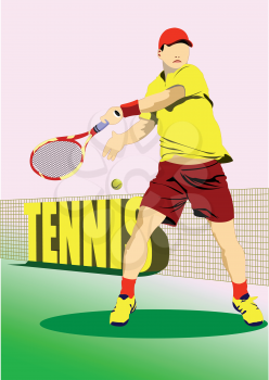 Poster  of tennis player. Colored Vector 3d illustration for designers