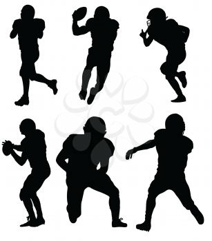 Six American football player silhouettes in action. B&W Vector 3d illustration