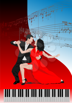 Piano with dancing couple and printing music. Vector 3d illustration