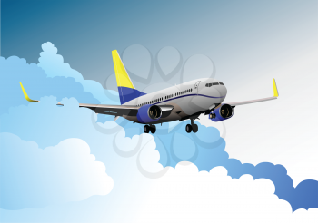 Passenger airplane on the air. Lending. Vector illustration 