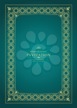 Gold ornament on green background. Can be used as invitation card. illustration