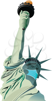 Statue of Liberty in New York with a mask against a virus. Vector illustration