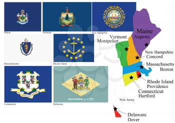 East  States (Maine, Vermont, New Hampshir, Massachusetts,Rhode Island, Connecticut, Delawere) of Usa flag and map, vector illustration