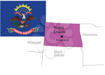 State North Dakota of Usa flag and map, vector illustration
