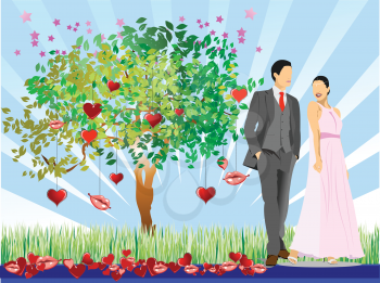 Decorative Valentine`s Day tree with hearts, lips, bride and groom images. Vector 3d illustration