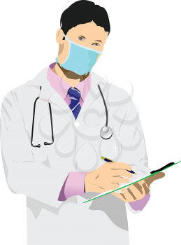 Medical doctor with doctor`s smock and  mask. Vector 3d illustration