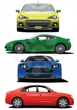 Four sedan cars. Vector Colored 3d illustration