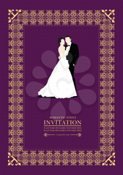 Gold ornament on dark background with wedding couple image. Vector 3d illustration