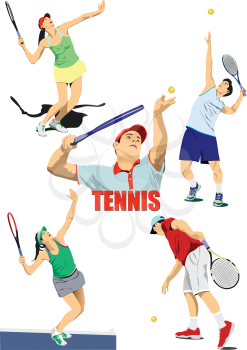Set of Tennis players. Colored Vector 3d illustration for designers