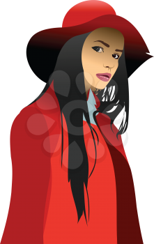 Portrait of young lady with red hat. 3d vector illustration