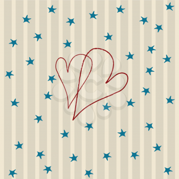 Royalty Free Clipart Image of Hearts and Stars on a Striped Background
