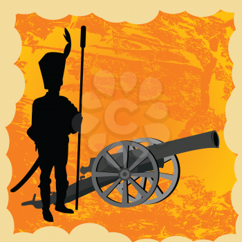 Royalty Free Clipart Image of a Soldier and Cannon