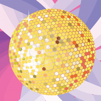 Royalty Free Clipart Image of a Bright Gold Disco Ball on a Pink and Purple Background