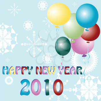 Royalty Free Clipart Image of a Happy New Year's Car with Balloons and Snowflakes