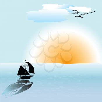 Royalty Free Clipart Image of an Ocean Scene With a Fishing Boat