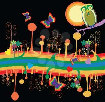 Royalty Free Clipart Image of an Abstract Night Scene With Butterflies, an Owl and a Rainbow at the Bottom