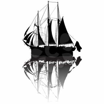 Royalty Free Clipart Image of a Sailing Boat in Silhouette