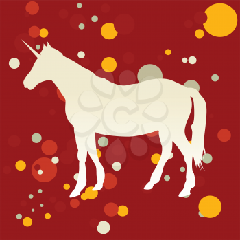 Royalty Free Clipart Image of a White Silhouetted Unicorn on a Red Background With Yellow, Red and White Dots