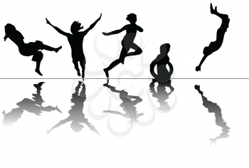 Royalty Free Clipart Image of Silhouetted People Jumping and Swimming