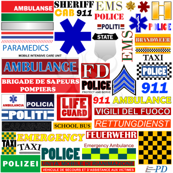 design elements, police, ambulance, fire truck signs and symblos