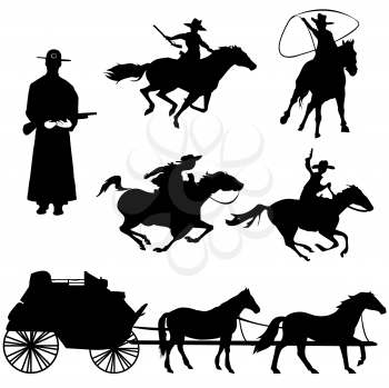 Hand drawn silhouettes of cowboys and horses