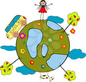 Childlike drawing with little girl, school bus and globe over white background