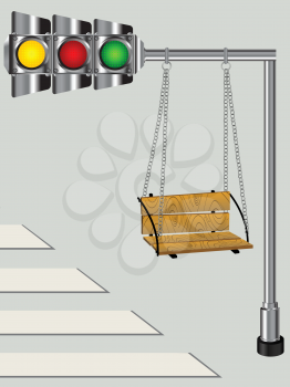 Children swing on a bended traffic lights pole, conceptual graphic