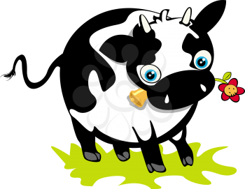 Cute cow with flower, isolated objects over white background. Cartoon art.