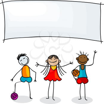 Multiracial happy childrens and a banner for text, isolated objects over white background