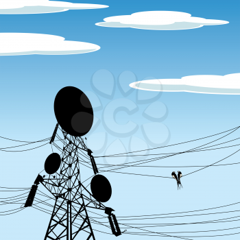 Two birds on a wire of a electric pole with antena