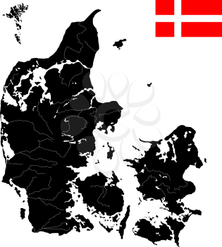 Detailed quality flag and map of Denmark with islands, rivers and lakes. Isolated objects over white background.