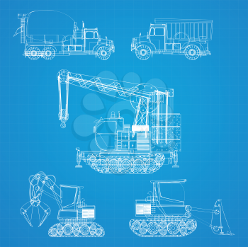 Construction vehicles  blueprint, stylized design elements