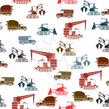 Construction vehicles seamless pattern in color over white background
